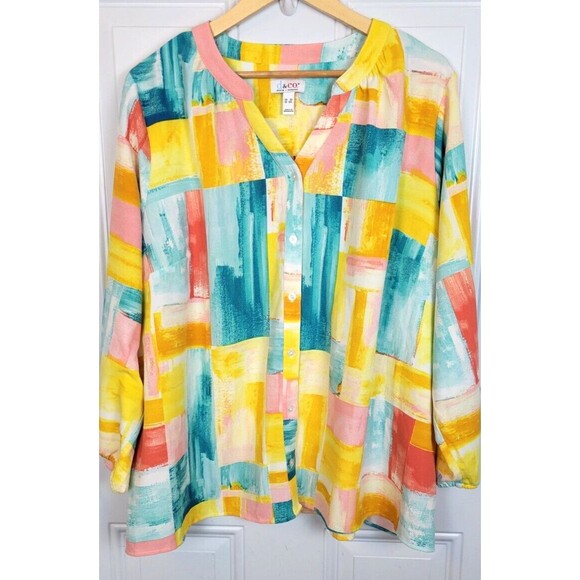 QVC D&Co Plus Size Button-Up Top Size 3X Colorful Long Sleeve Spring Eas… - Picture 1 of 7
